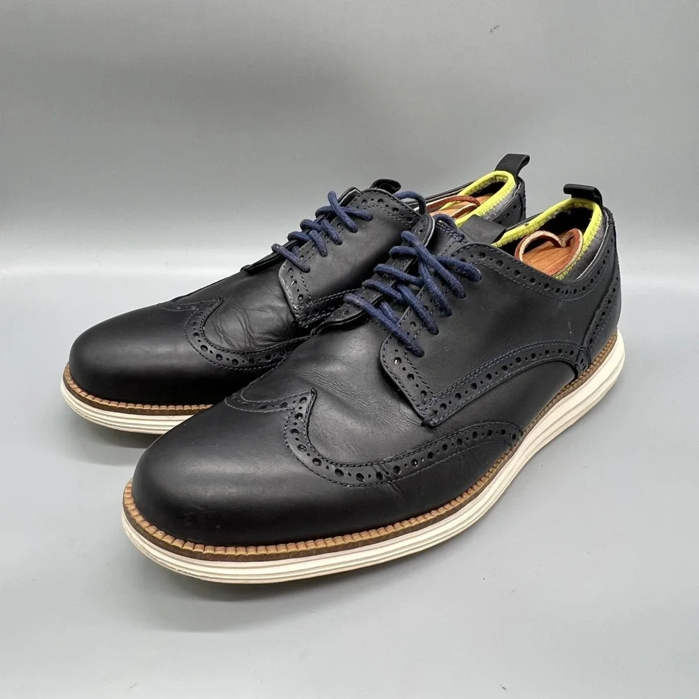 Cole Haan Shoes Mens 10.5 Navy Blue Leather Grand OS Wingtip Oxford Dress Brogue